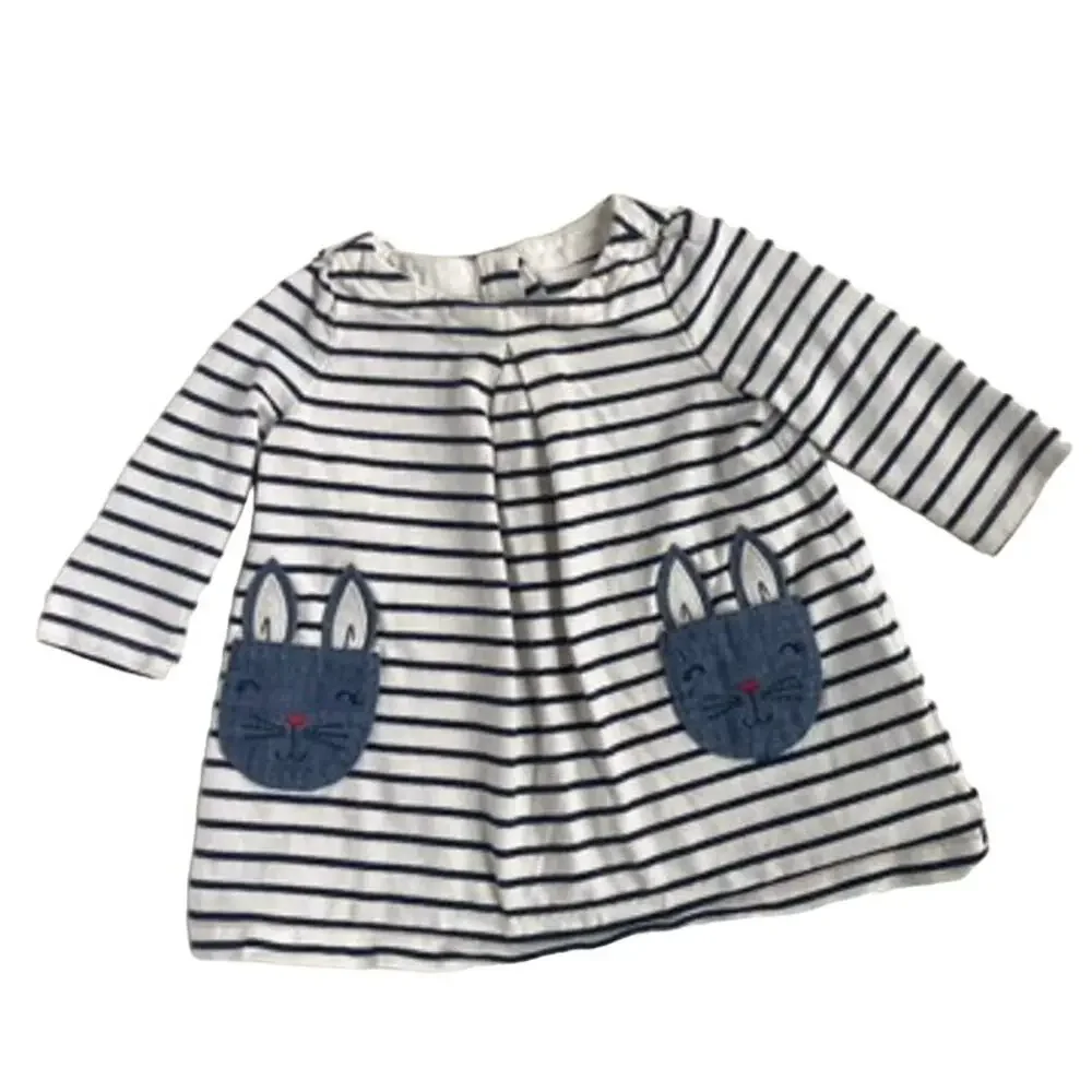 Baby Gap Striped Bunny Pocket Dress - Ivory Frost Blue - 3-6M