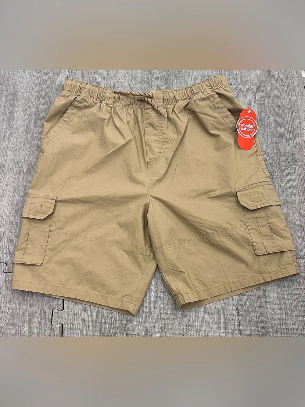 Wonder Nation Boys Beige Cargo Shorts Flat Front Drawstring Elastic Waist