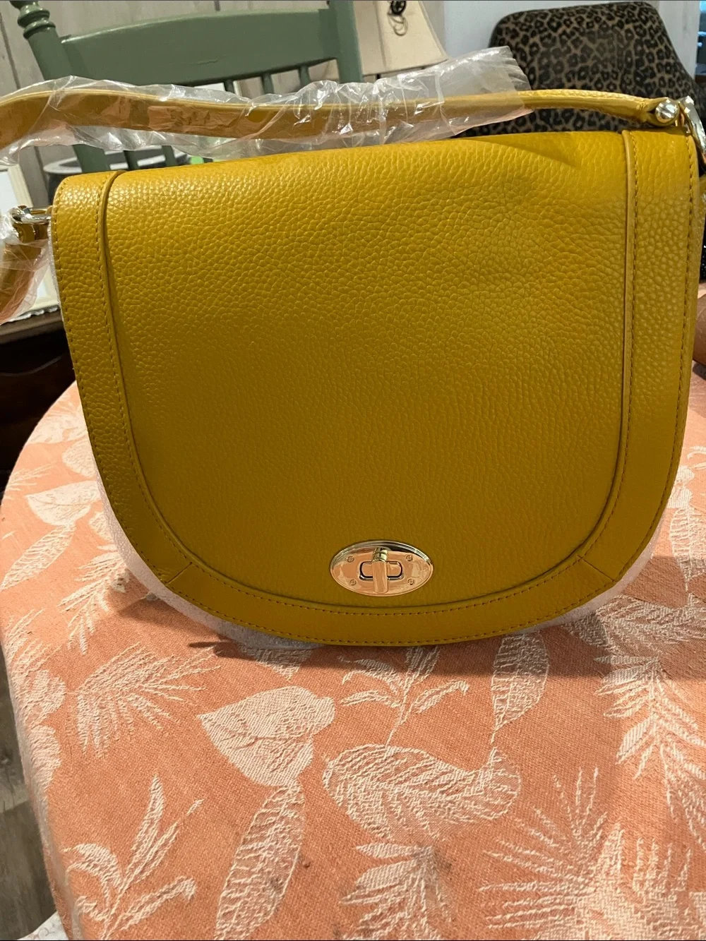 Talbots Mustard Yellow Pebbled Leather Crossbody Saddle Bag
