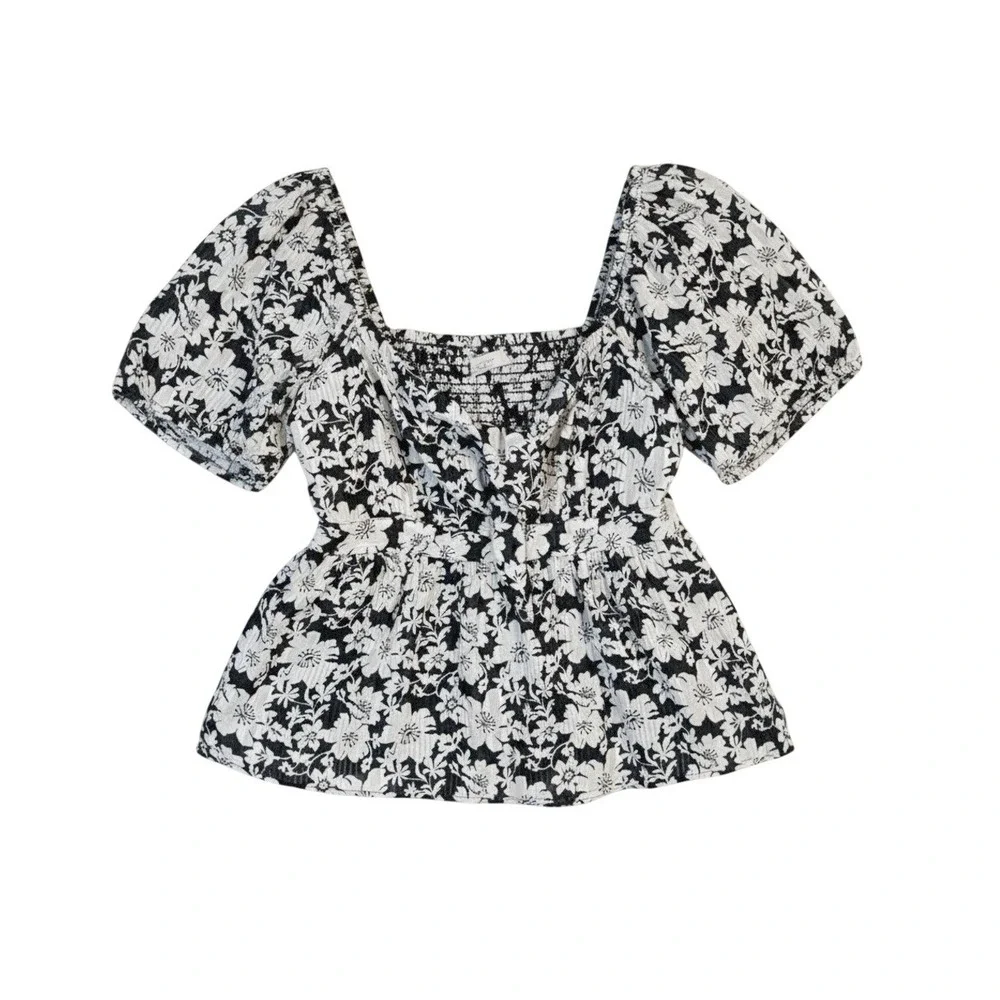 LOFT Floral Puff‎ Sleeve Top Black White Smocked Back Square Neck Blouse Large