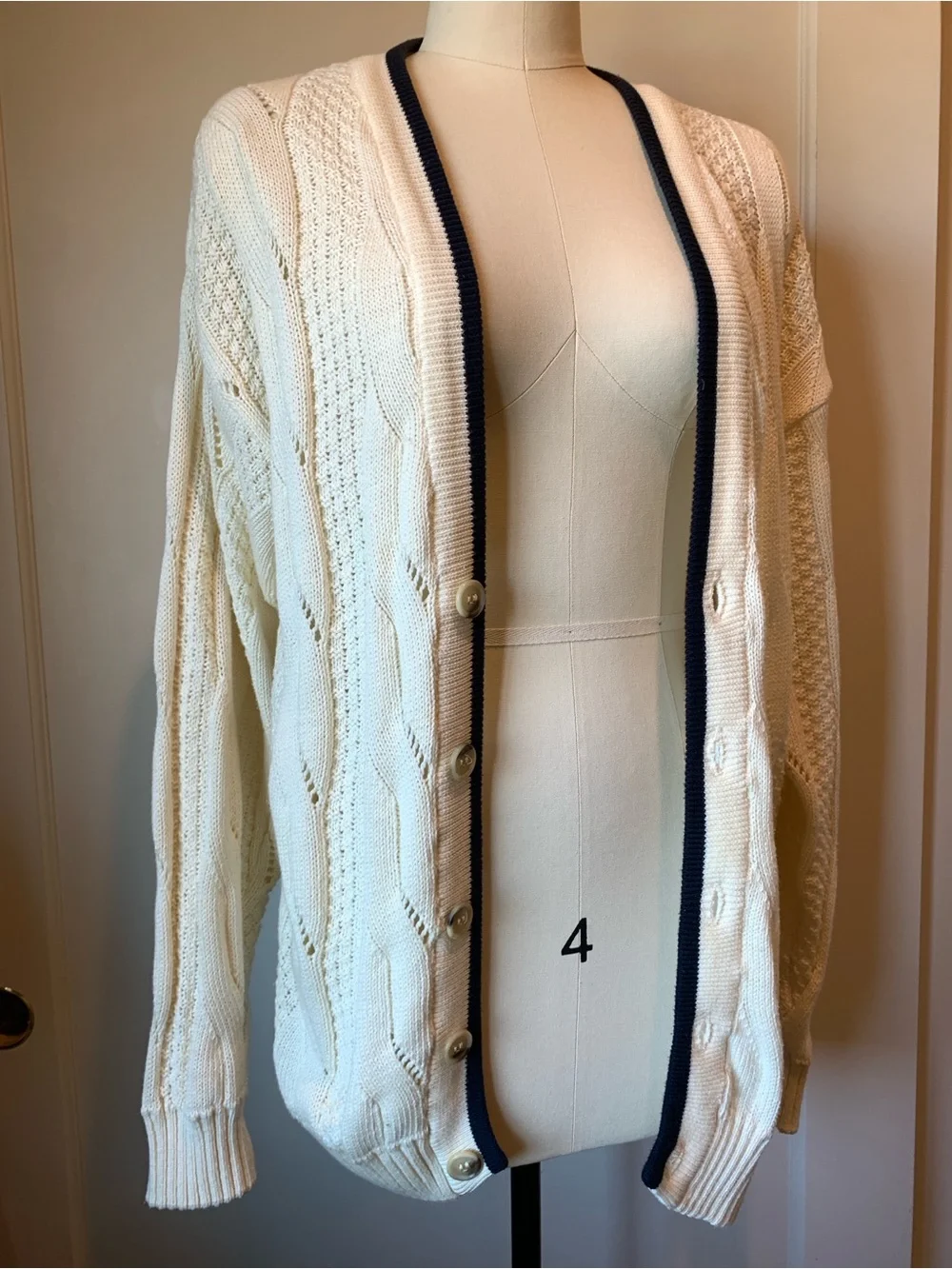 Aquascutum London Cream Cable Knit Cardigan with Navy Trim