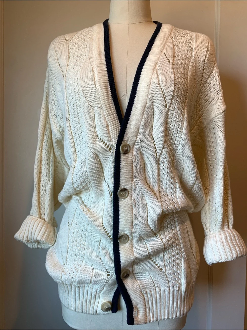 Aquascutum London Cream Cable Knit Cardigan with Navy Trim