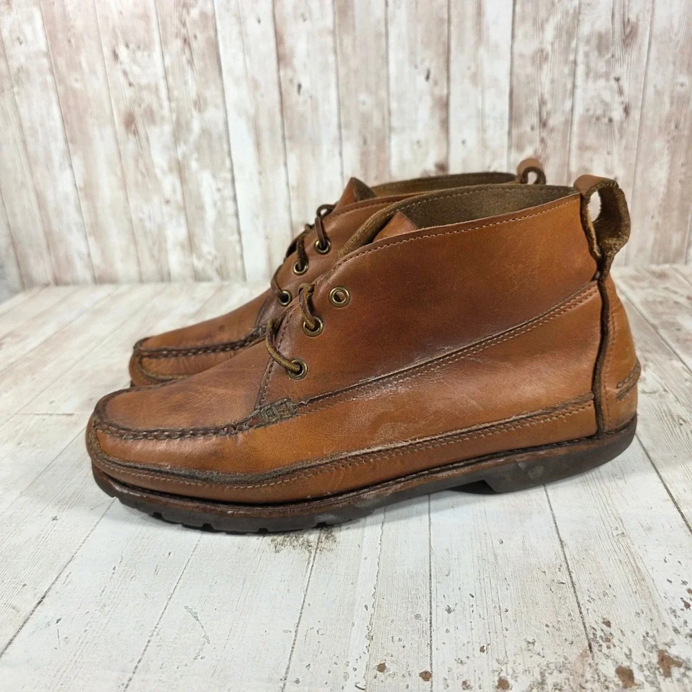 Vintage Made in USA Leather Chukka Boots Mens 10.5 D Moc Toe Vibram Gumlite Tan