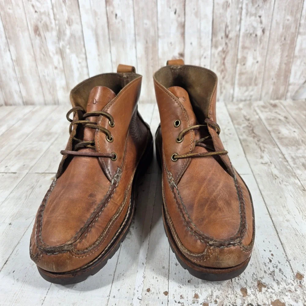 Vintage Made in USA Leather Chukka Boots Mens 10.5 D Moc Toe Vibram Gumlite Tan