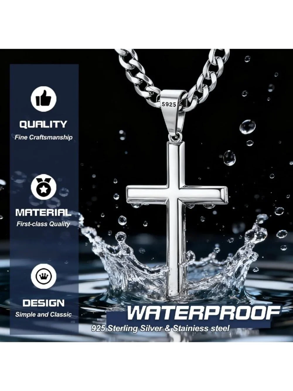 925 Sterling Silver Cross Necklace for Men & Women - Durable Cuban Link Chain
