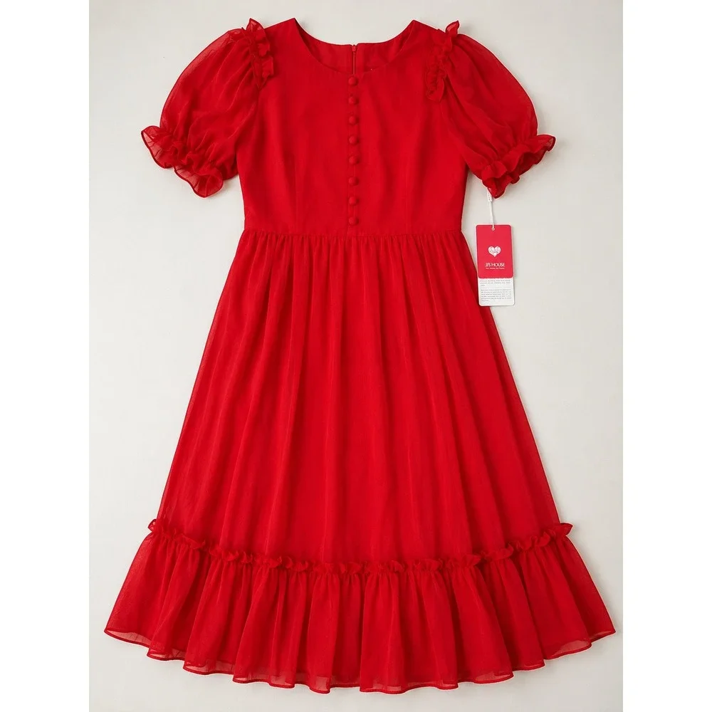 NWT JJ's House Red Chiffon Ruffle Holiday Christmas  Puff Sleeve Formal Party