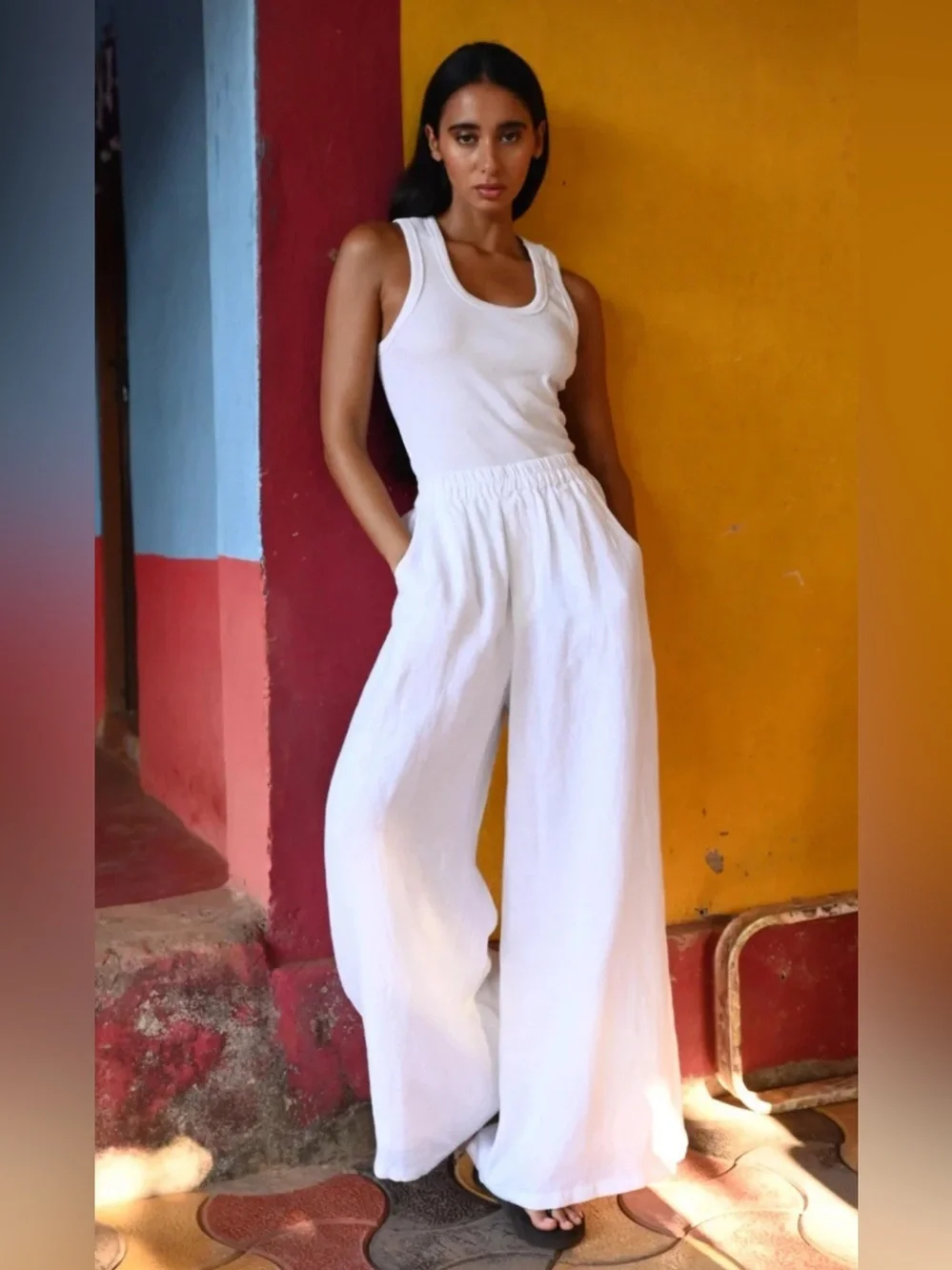 Zara Pants Women’s Linen Wide Leg Size M White Palazzo Lagenlook NWT Full Length