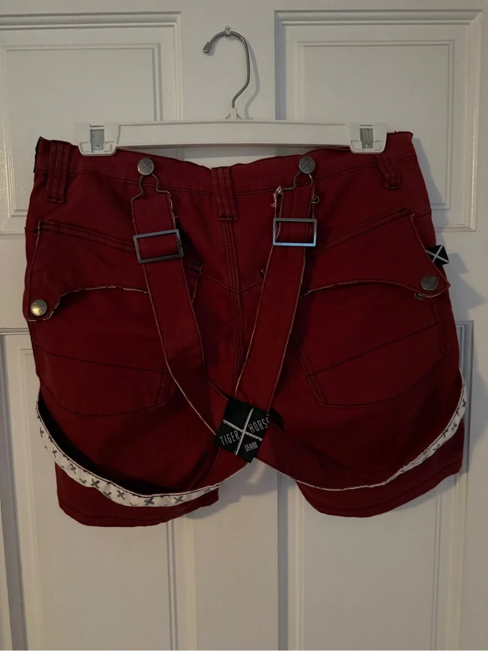 Tiger Horse Red Distressed Men’s Shorts with Accent Suspenders