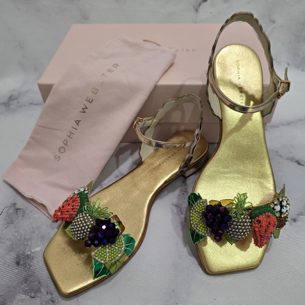 🍉🍍 SOPHIA WEBSTER 🍇🍋 Lilico Fruit Flat Sandal Rose Gold - EU 38.5 - HTF EUC