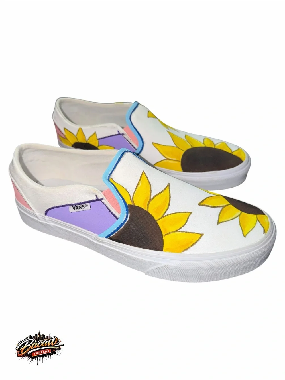 Vans Women’s White Custom Hand Painted Yellow Sunflower Slip-On Shoes 8.5