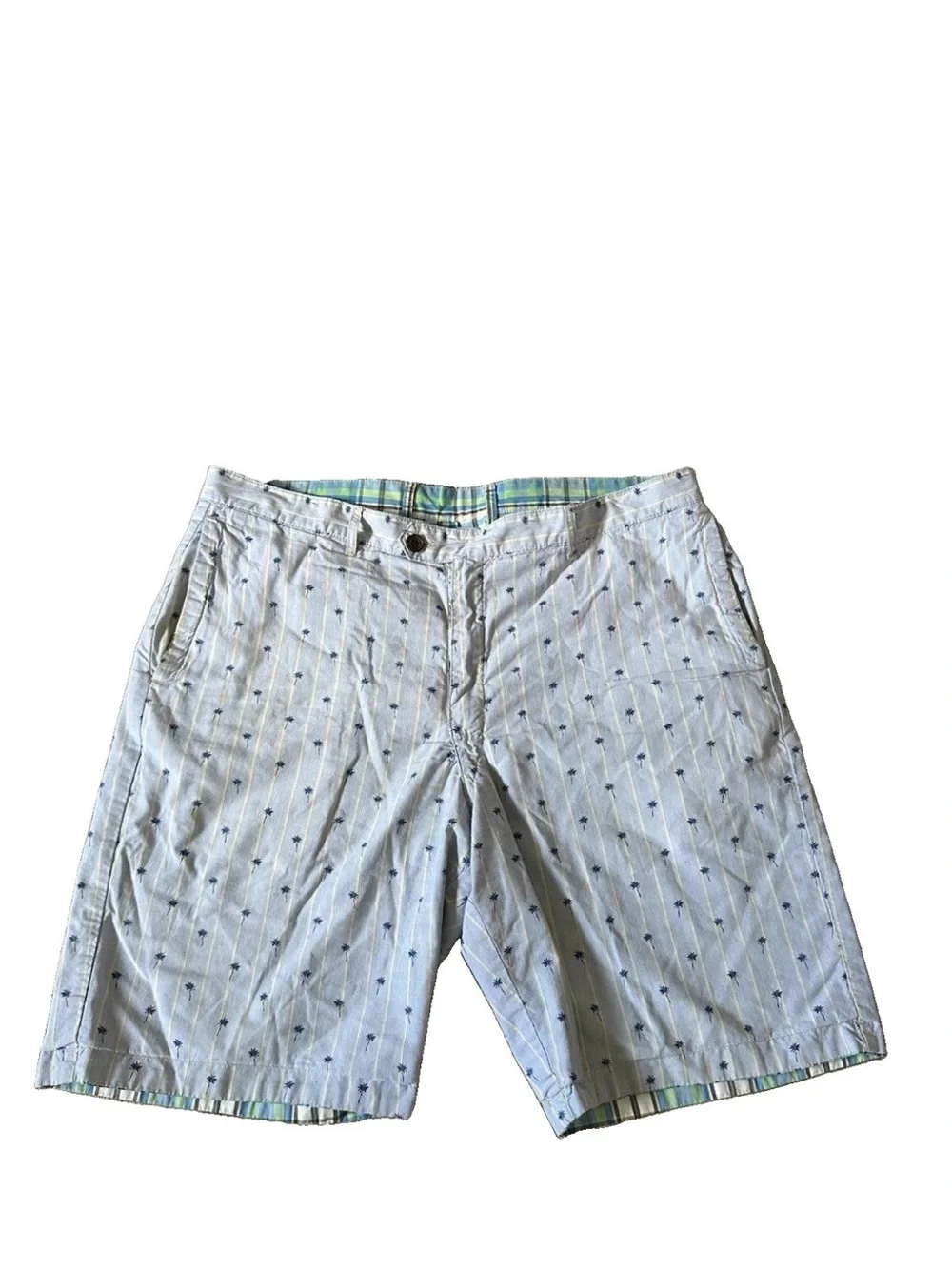 Tommy Bahama Shorts Reversible Blue Madras Plaid Palm Tree 10