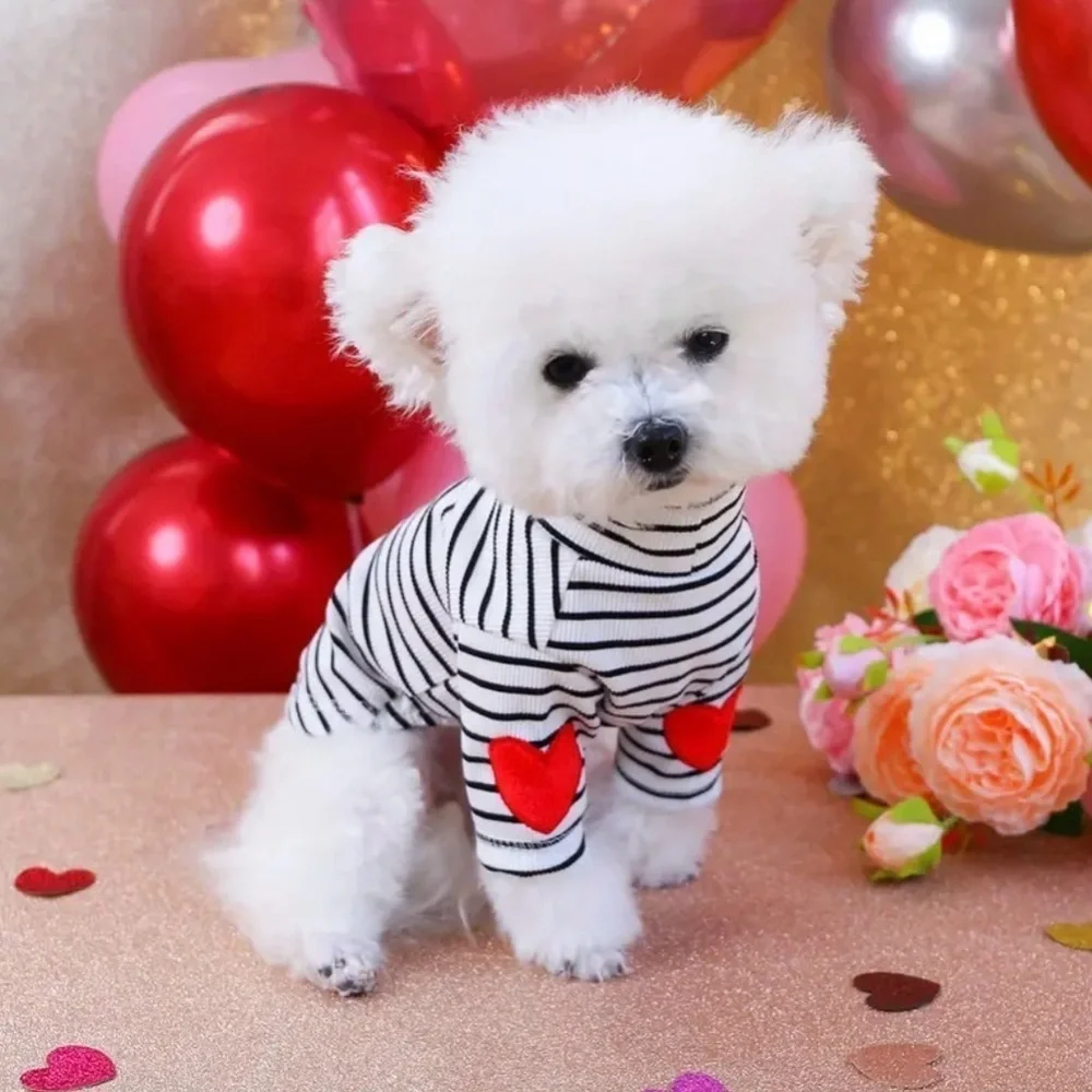 ADORABLE BLACK & WHITE STRIPE PULLOVER DOG SWEATER WITH RED HEART ACCENTS