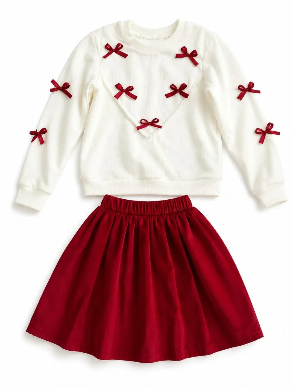 Verdusa Girls Red A-Line Skirt - And Soft Ribboned Sweater Classic Schoolwear 9y