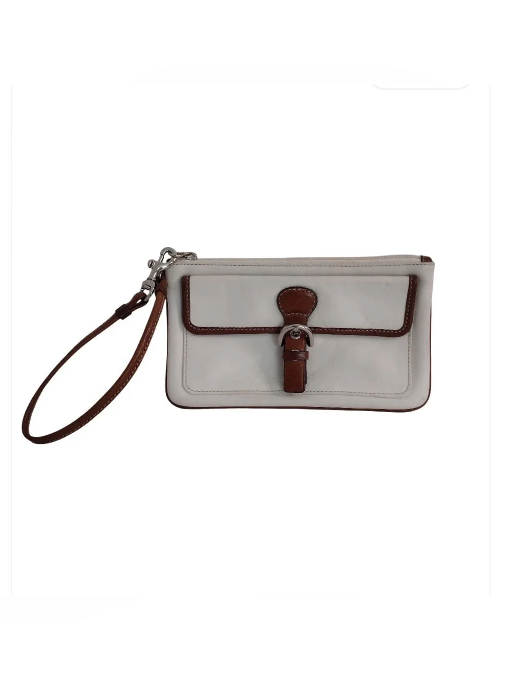Vintage Y2K Coach Soho Wristlet Wallet White Leather Brown Trim Buckle