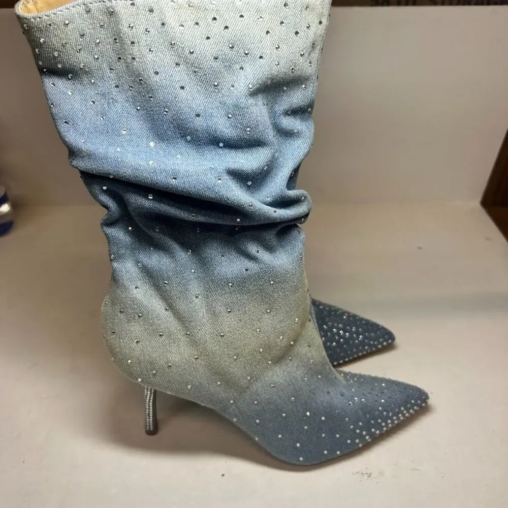 Thalia Sodi Women 6 M Denim Rhinestone Raquell Slouch Pointed Toe Boots NIB QJ3