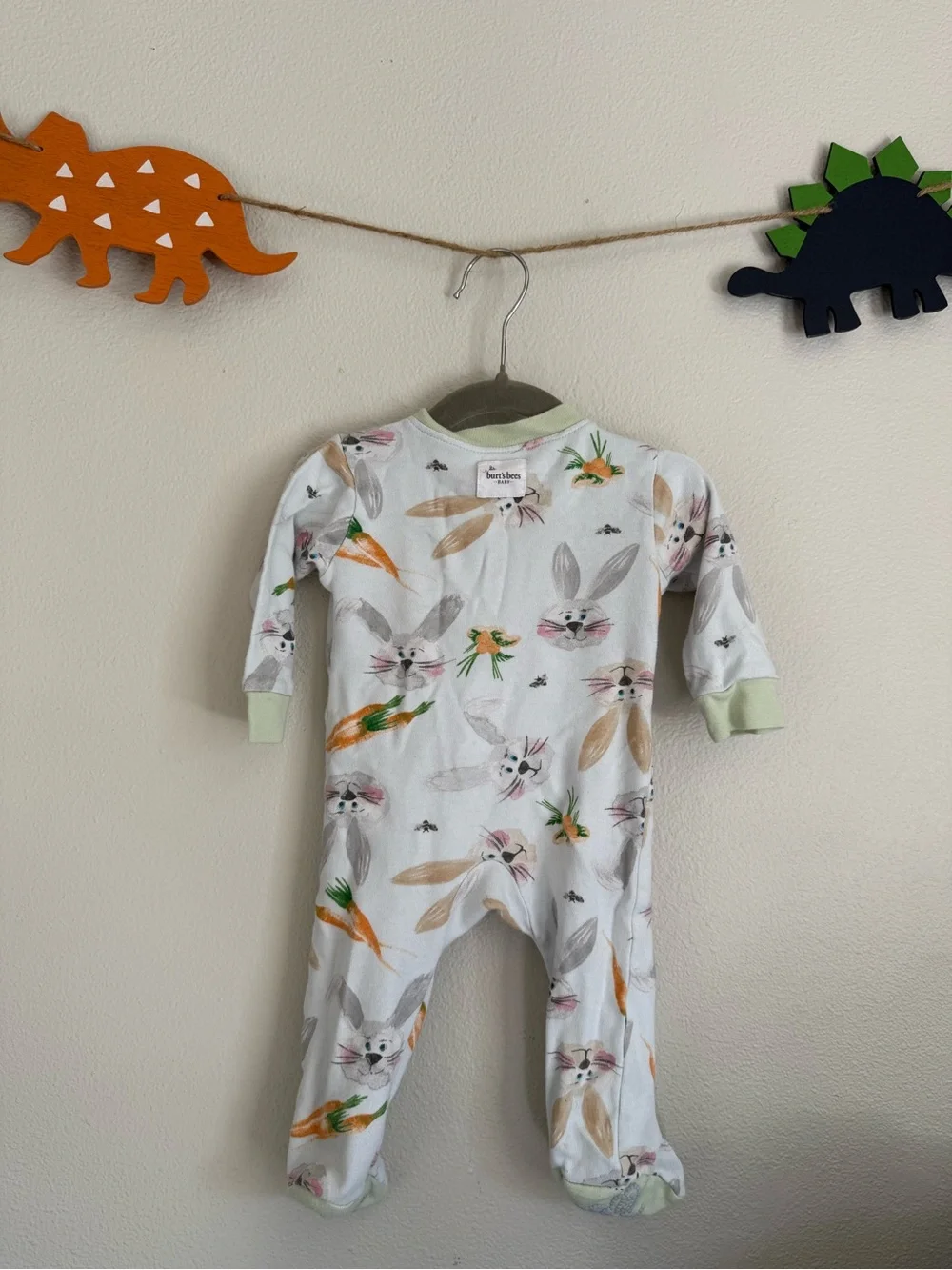 Burt's Bees White Bunny & Carrot Print Footed One-Piece with Pale Green Cuffs