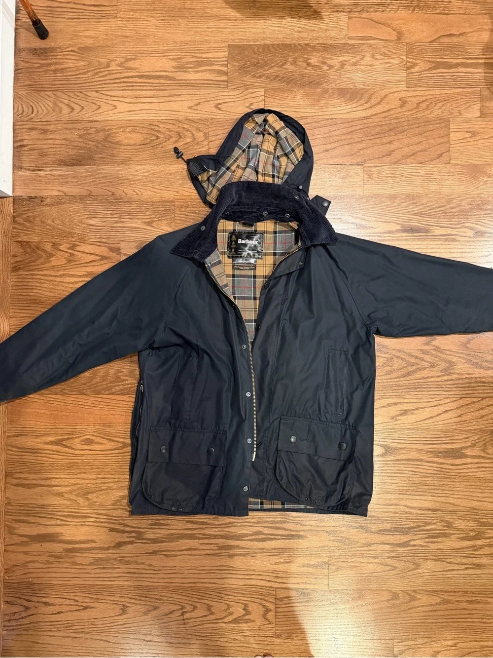 Barbour Navy Beaufort Wax Cotton Jacket with Tan Tartan Lining