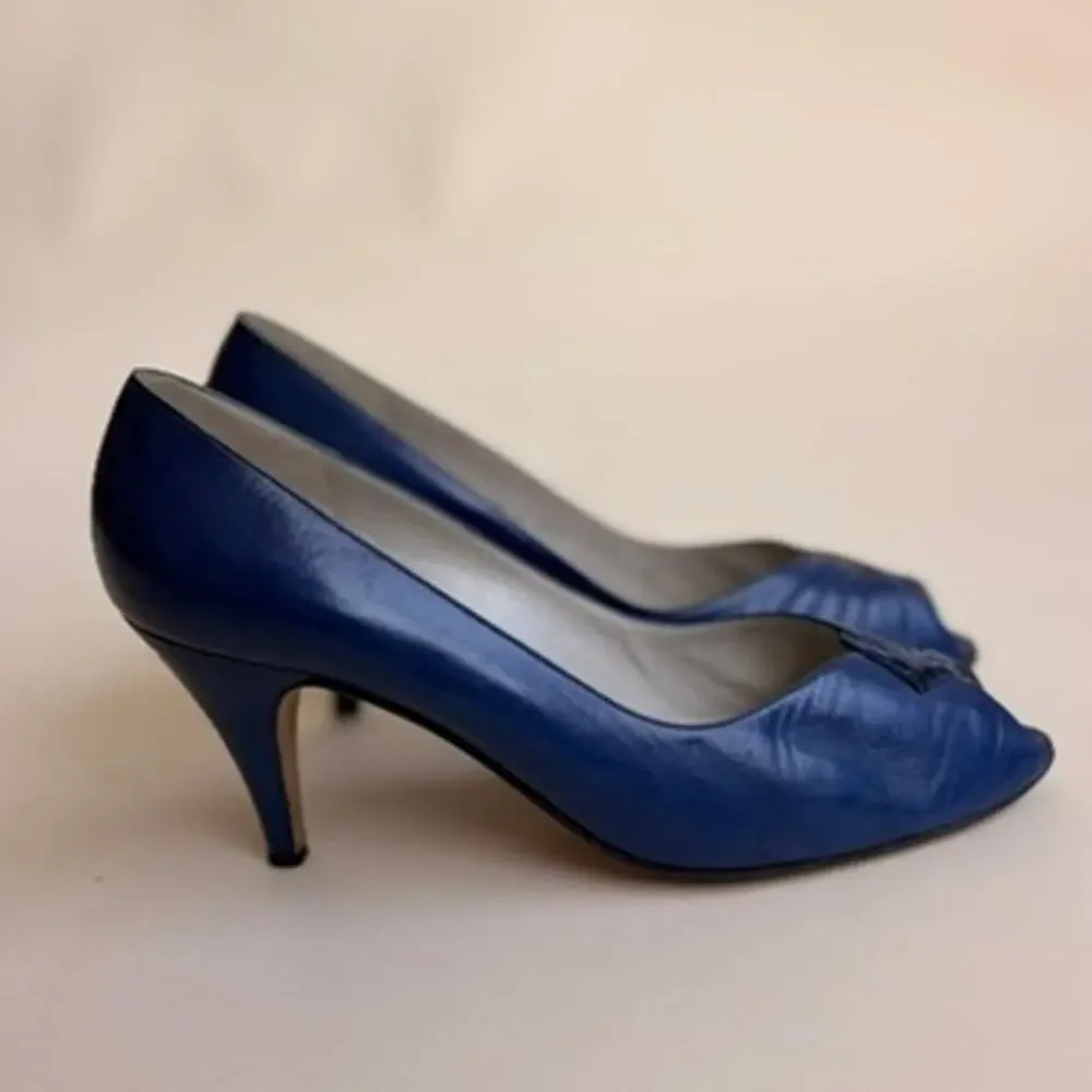 Bruno Magli Navy Peep-Toe Pumps - Ruched Vamp, Made in Italy, Size 7.5