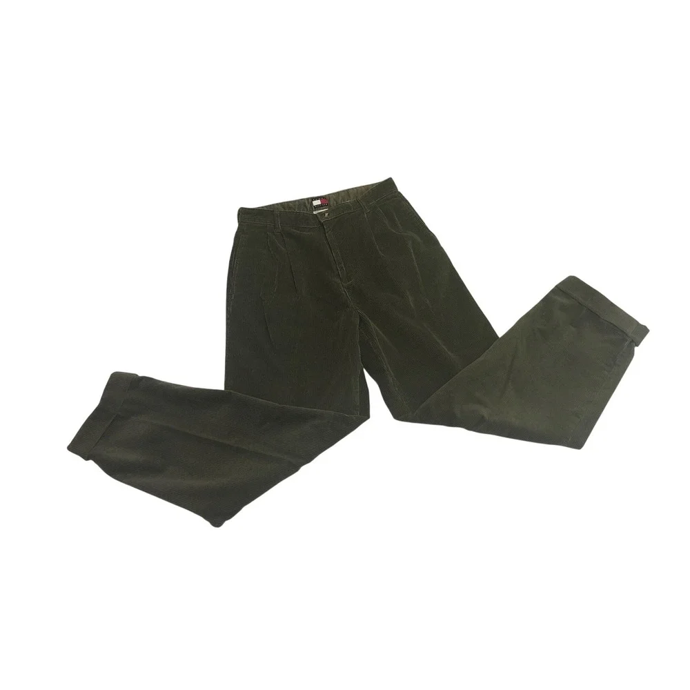 Tommy Hilfiger Mens Olive Green Corduroy Pleated Cuffed Pants 34x35 Vintage