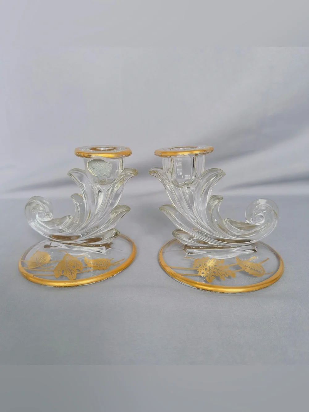 Vintage Fosteria Baraque Taper Candle Holders 22K Overlay Cornucopia Glass Art