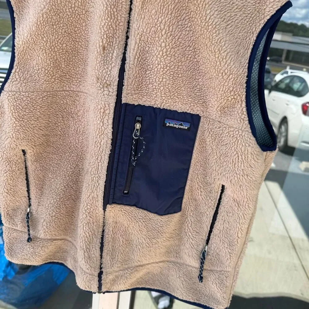 Mens Patagonia Deep Pile Sherpa Fleece Vest Y2K Gorpcore Navy & Tan Size XL