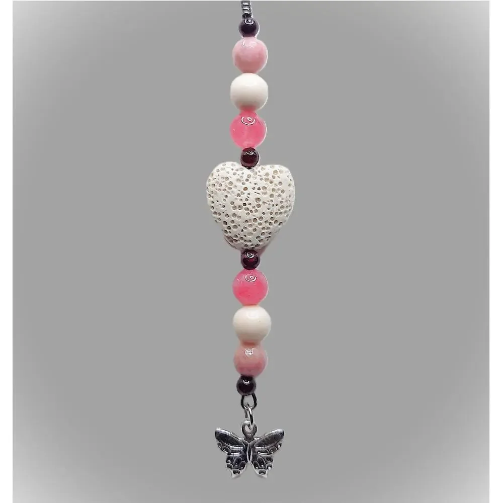 Handmade Butterfly Bag Charm Beaded Pink Cream Diffuser Keychain Lava Heart NEW