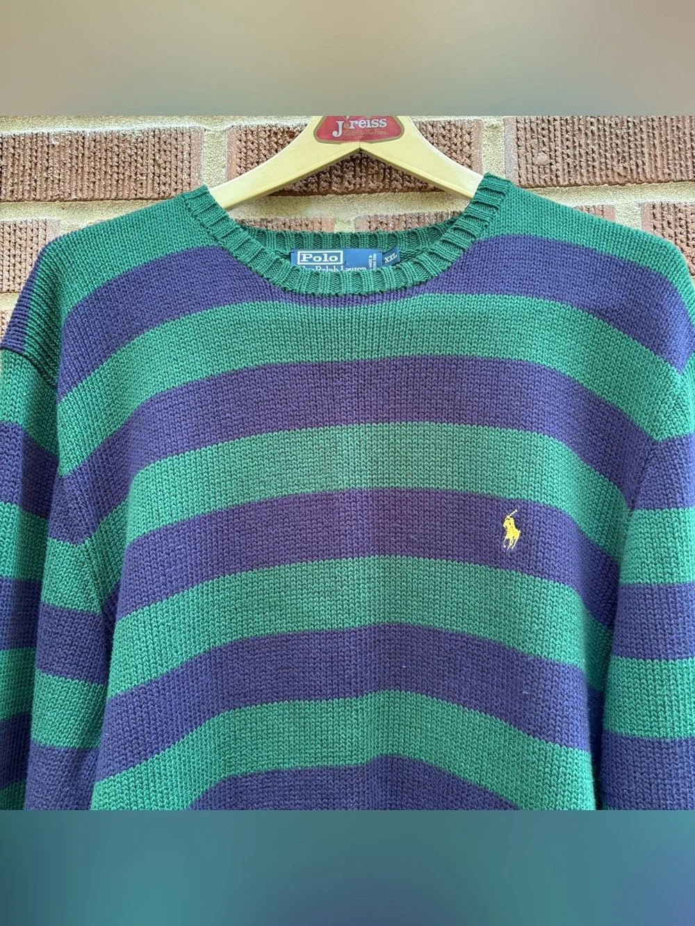 Vintage 90s Polo Ralph Lauren Mens Sz XXL Blue Green Striped Cotton Knit Sweater