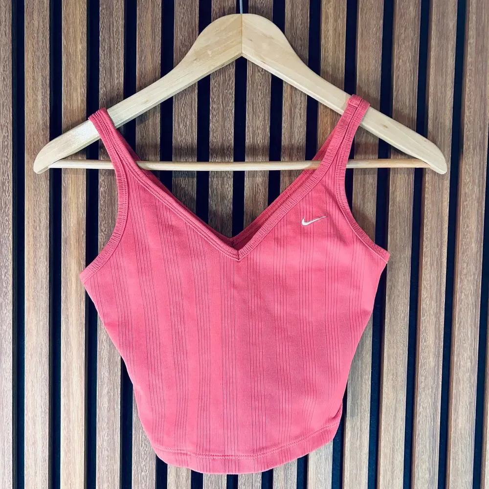 Nike Ribbed Crop Tank Top Women’s Small Coral Pink V-Neck Swoosh Y2K Yoga