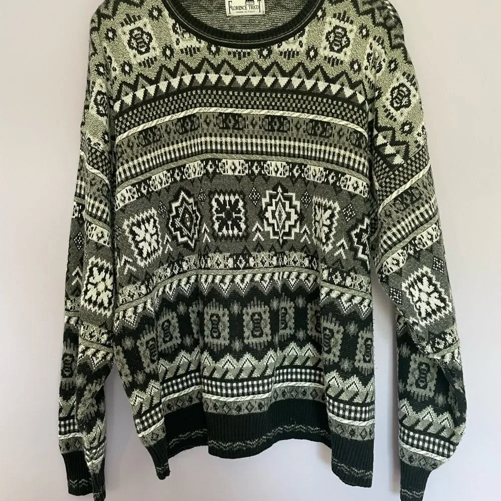 Florence Tricot Made in Italy Grandpa Crewneck Sweater Vintage Black and White