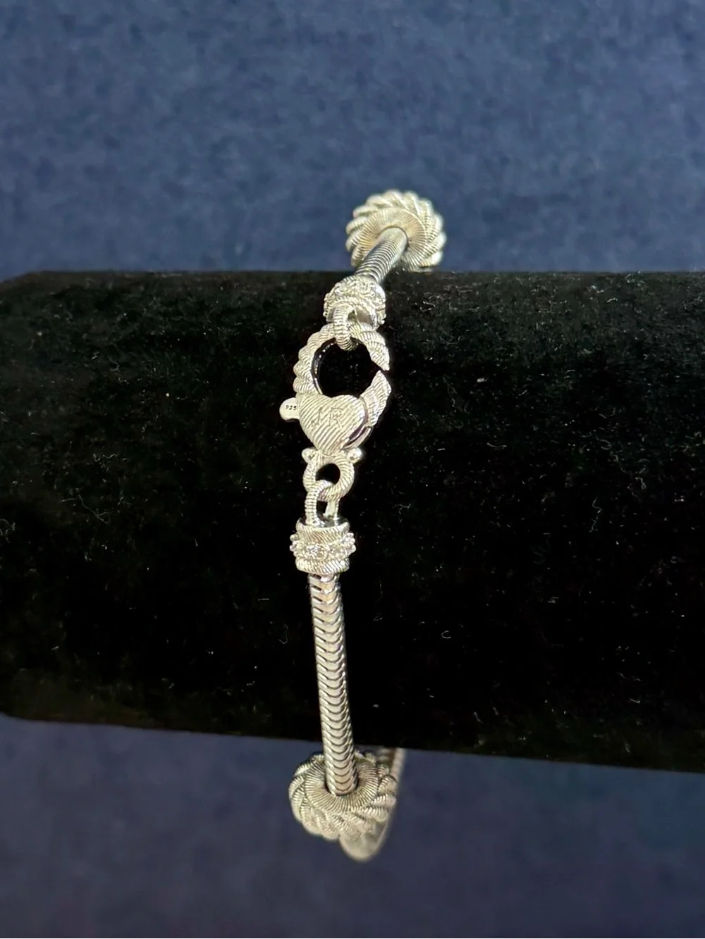 JUDITH RIPKA Sterling Silver Sparkling CZ Snake Charm Bracelet 2 Spacers; 7.5”