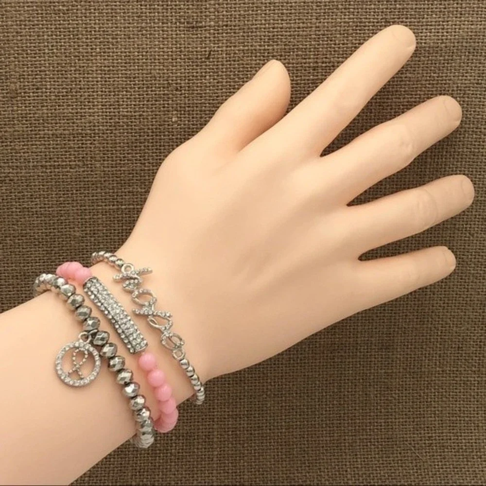 🌼 3 Pink Ribbon Breast Cancer Stretch Bracelets