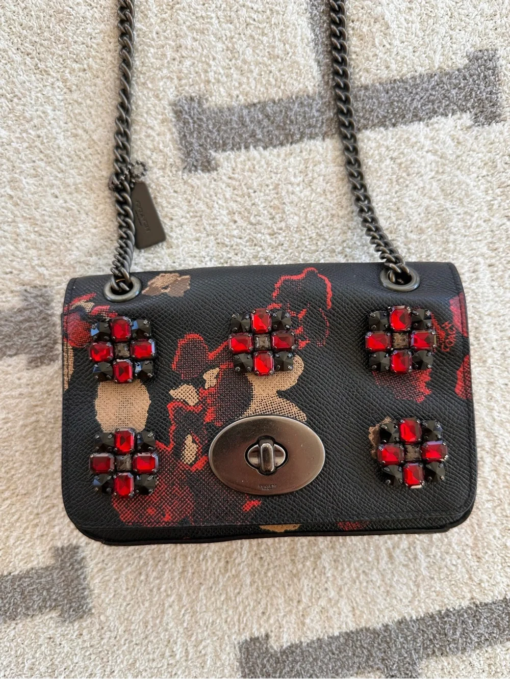 Coach Black Floral Mini Crossbody with Red Jewel Accents