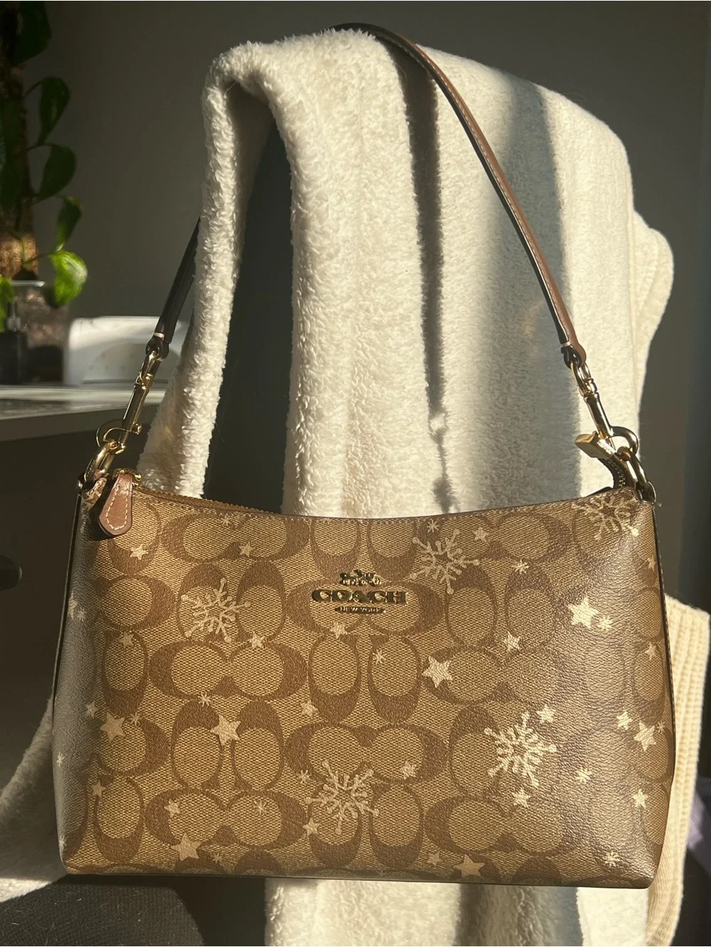 Coach Brown Signature Canvas Shoulder Bag with Snowflake Accents