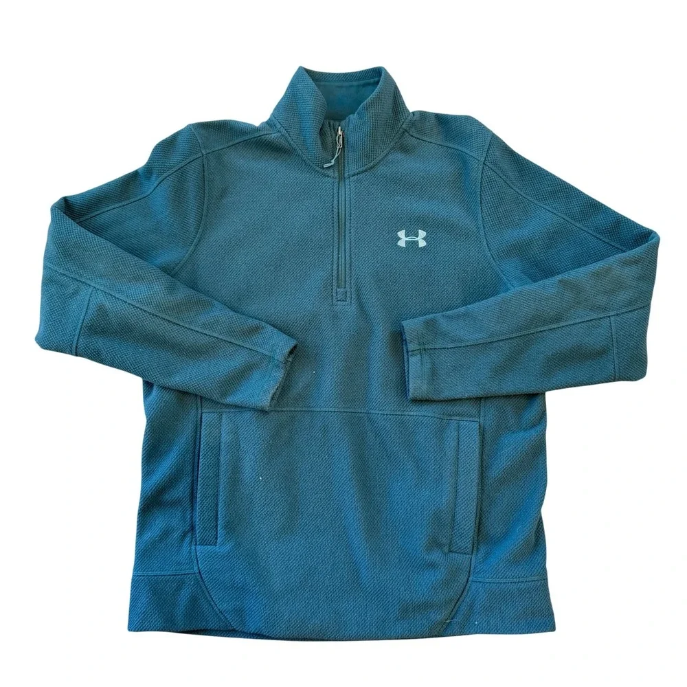 Under Armour Men Medium Teal Textured 1/4 Zip Fleece Pullover Kangaroo Pockets‎