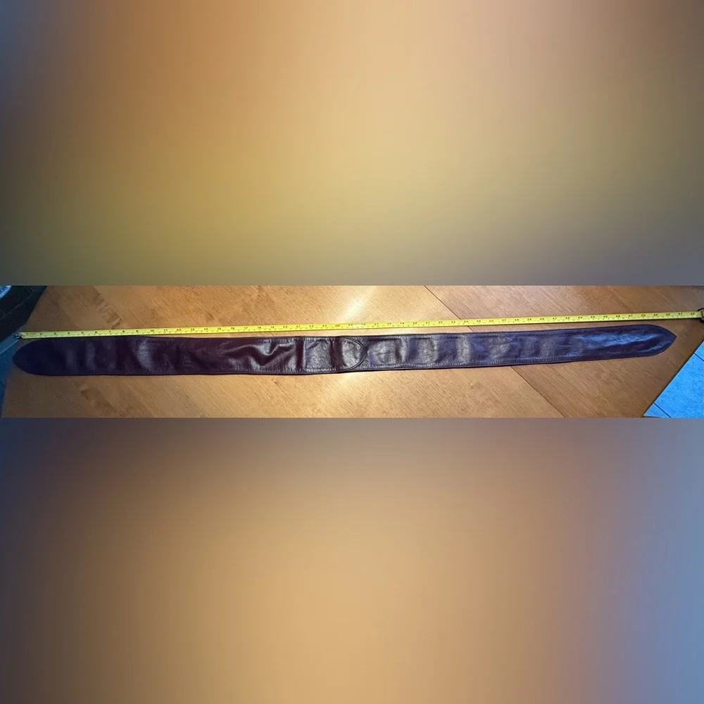1980s Chocolate Brown Leather Belt w/ Artistic Metal Slider Buckle