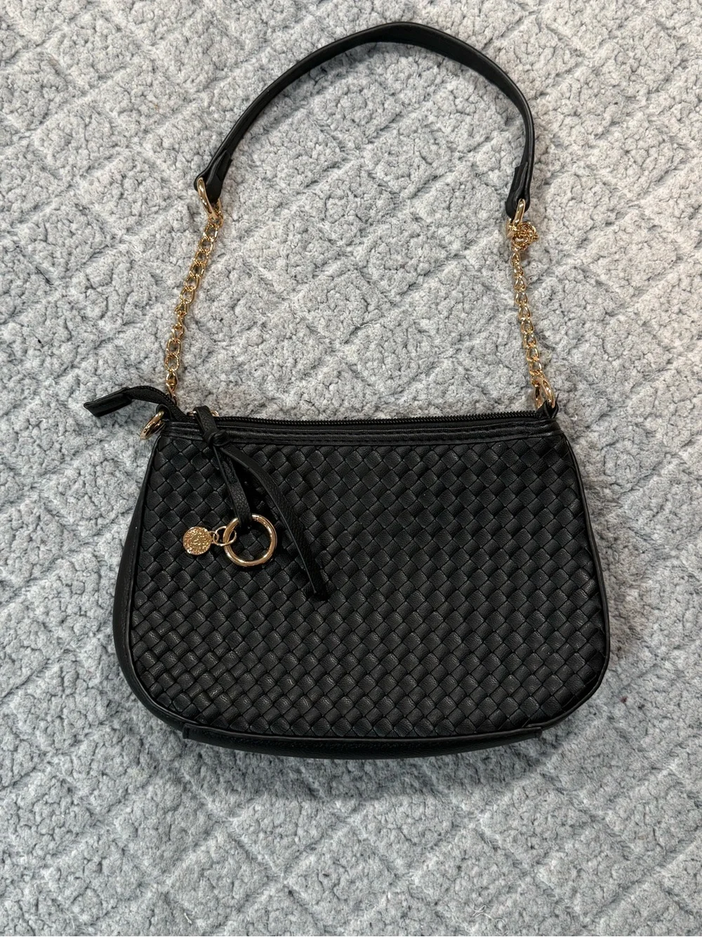 Anne Klein - Black Woven Shoulder Bag with Gold Chain Accent