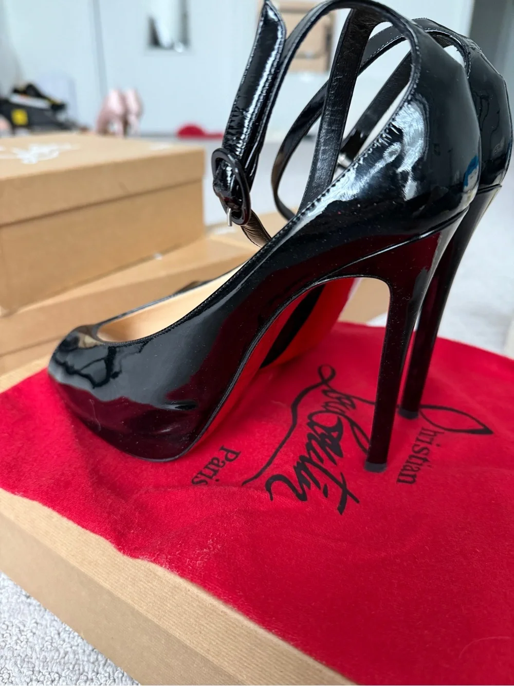 Christian Louboutin Black Patent Leather Peep-Toe Heels