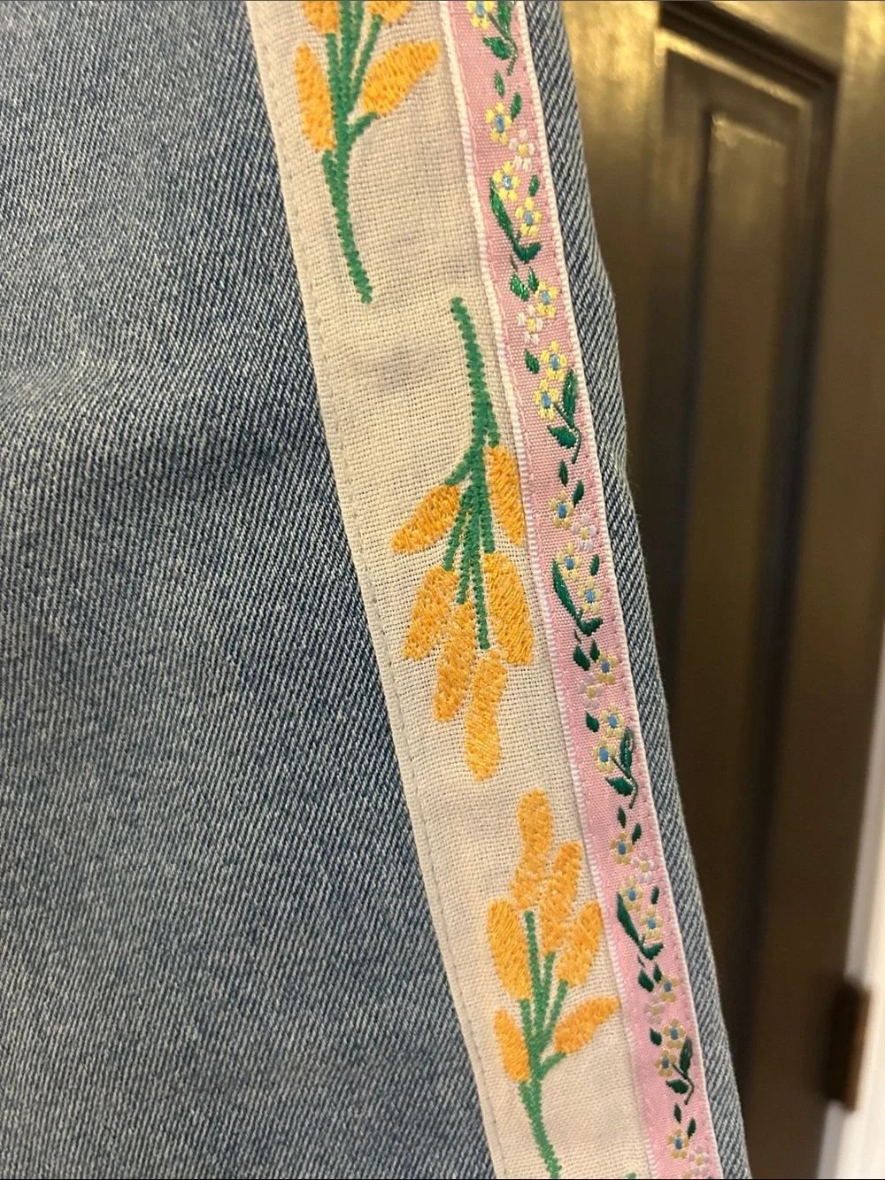 Tory Burch Light Blue Straight Leg Jeans with Gold Button and Ribbon Detail