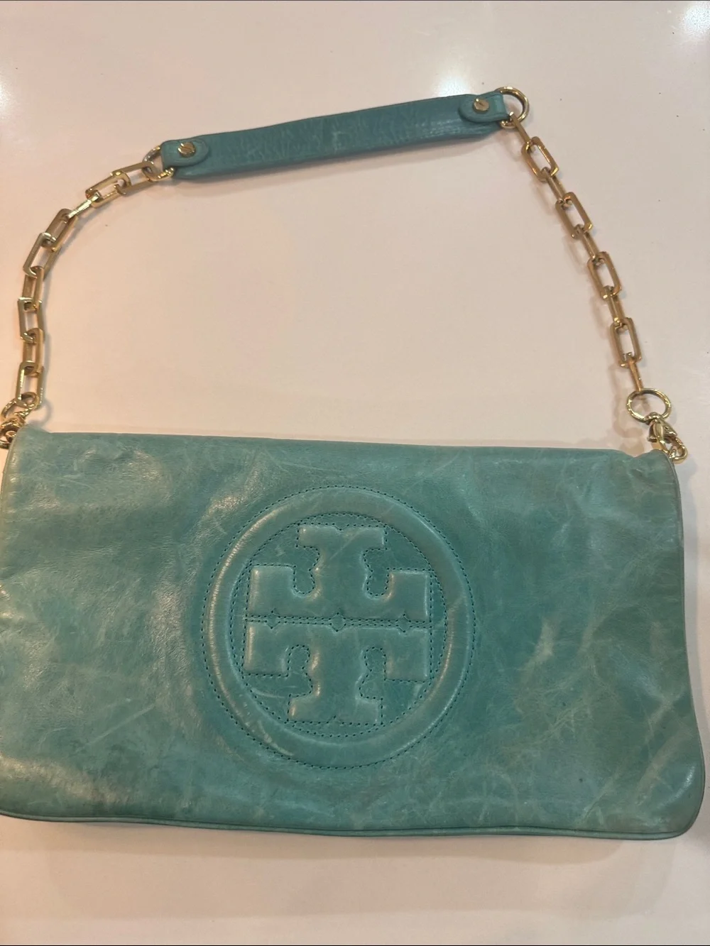 Tory Burch Teal Leather Logo Clutch with Gold Chain Strap