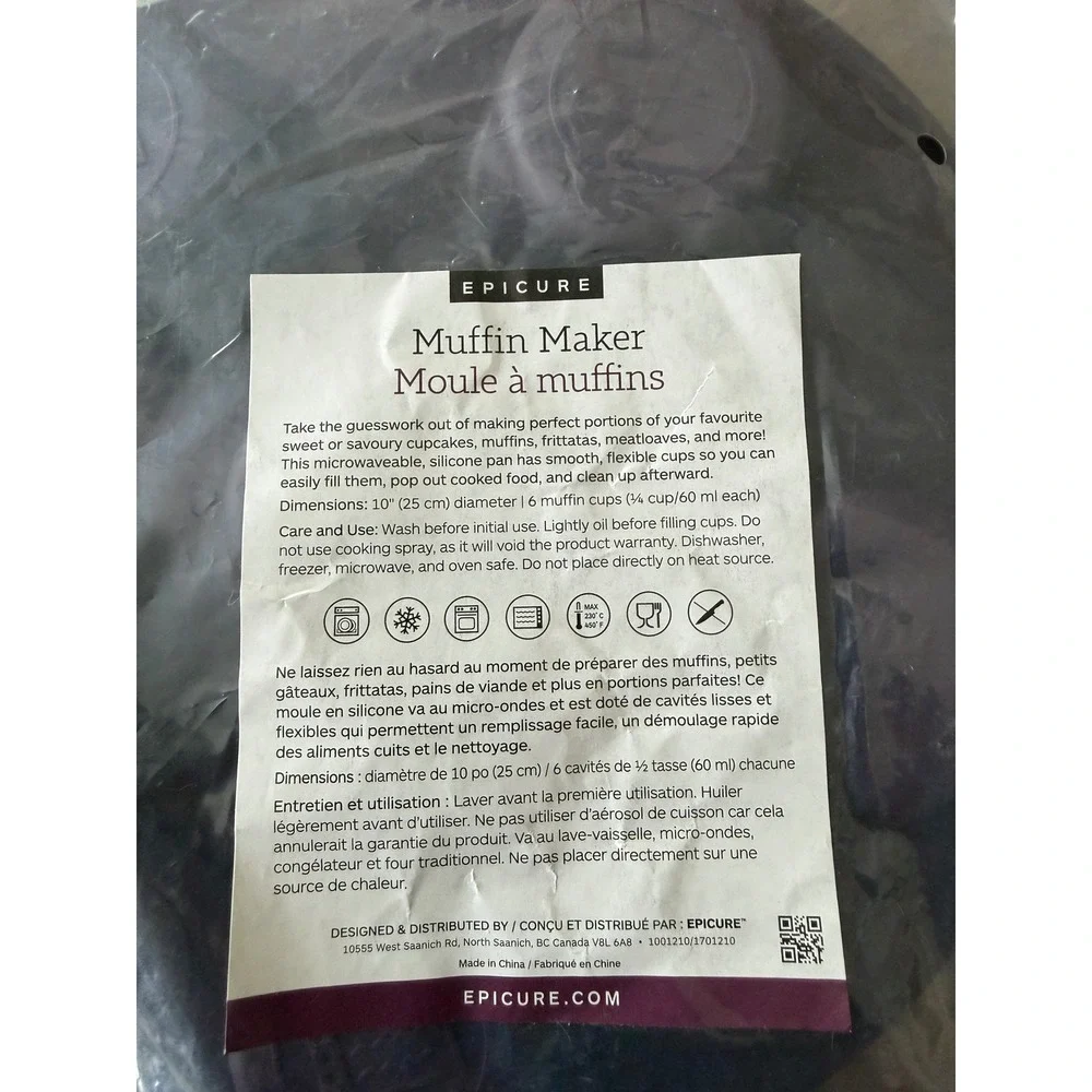Epicure Muffin Maker Silicone Pan Purple 6 Cup Microwave Oven Safe 1001210