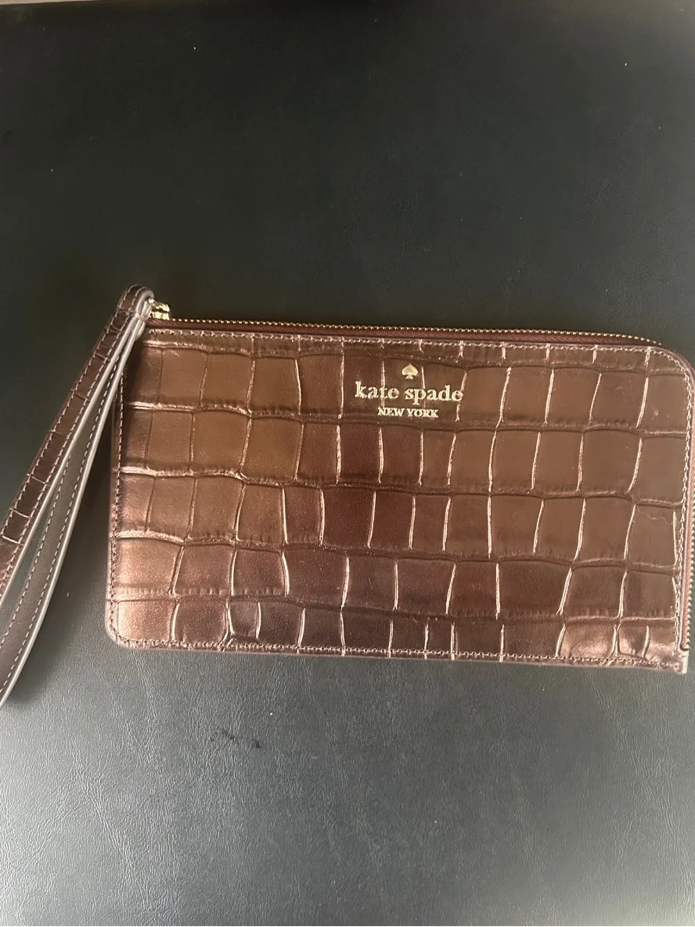 kate spade Croc-Embossed Metallic Wristlet in Bronze Brown (hot fudge)