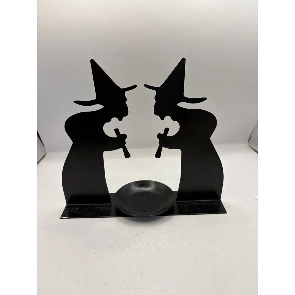 Vintage Halloween Witch Silhouette Candleholder Black Metal 7.5 x 6.5”