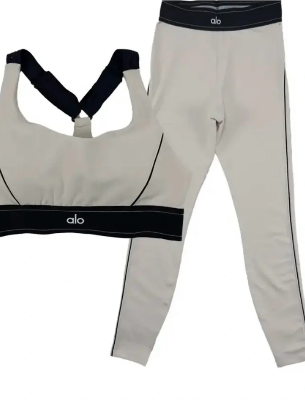 ALO Yoga Light Gray and Black Sports Bra & Legging Set