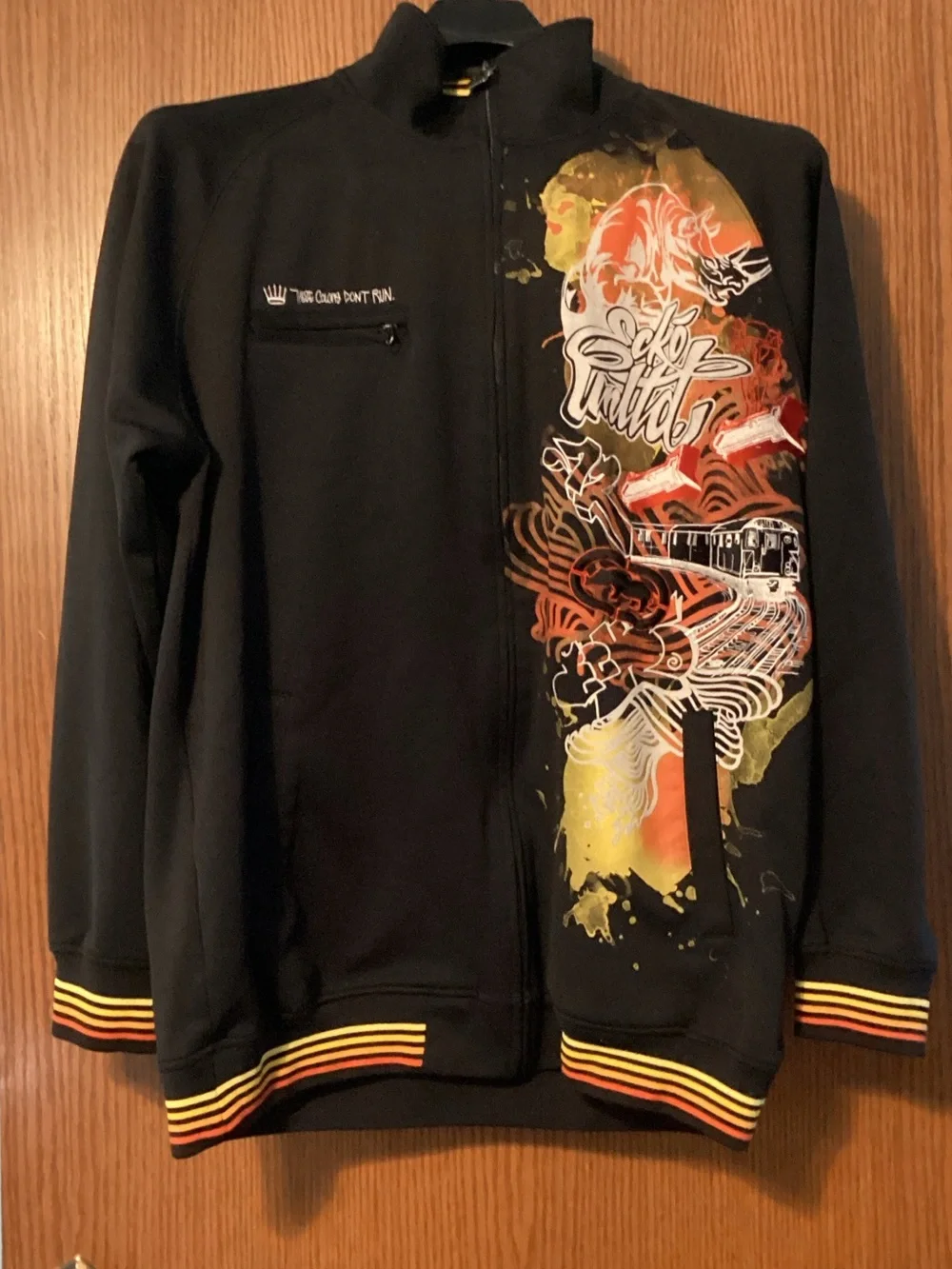 Black Graphic Zip-Up Sweater Jacket with Yellow & Red Accents
