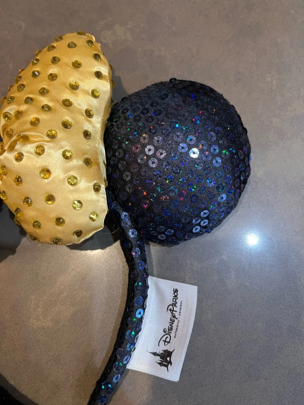 Disney Parks Iridescent Blue & Purple Sequin Minnie Ears, Gold Bow