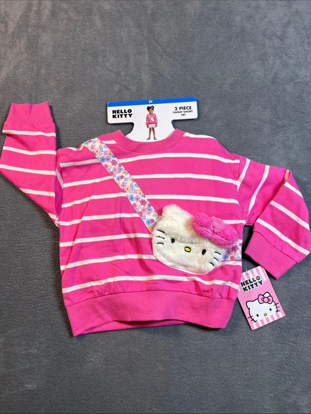 Hello Kitty Pink and White Striped Sweatshirt with Plush Crossbody