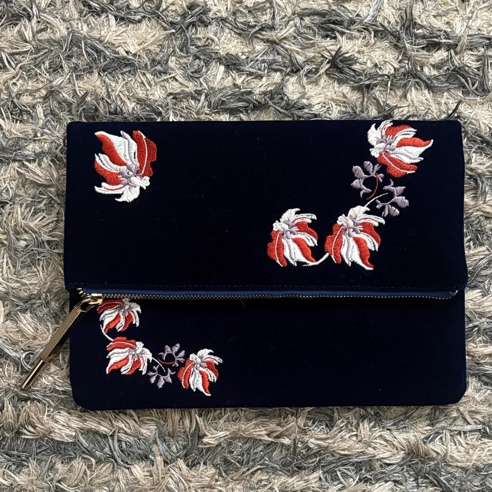 Luxury Handmade Embroidered Sapphire Blue Velvet Clutch, Gold Hardware