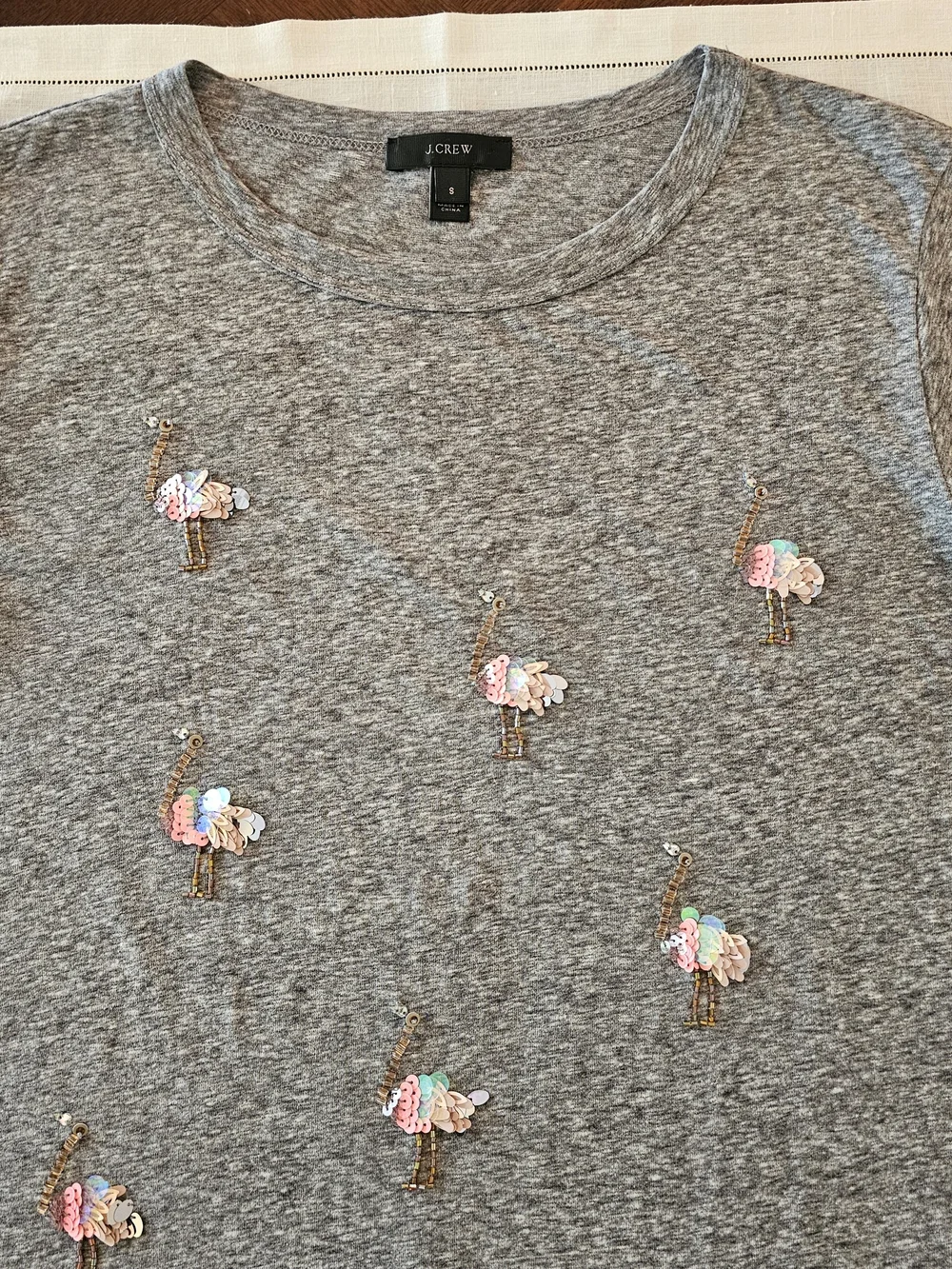 J.Crew Heather Grey Sequin Flamingo Crewneck Tee Shirt S