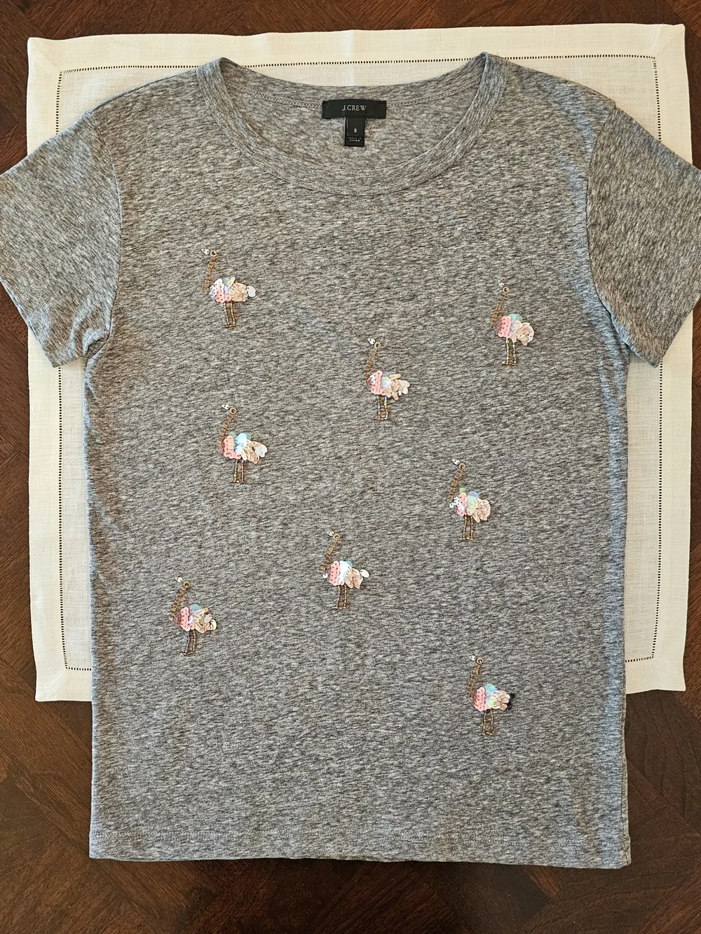J.Crew Heather Grey Sequin Flamingo Crewneck Tee Shirt S