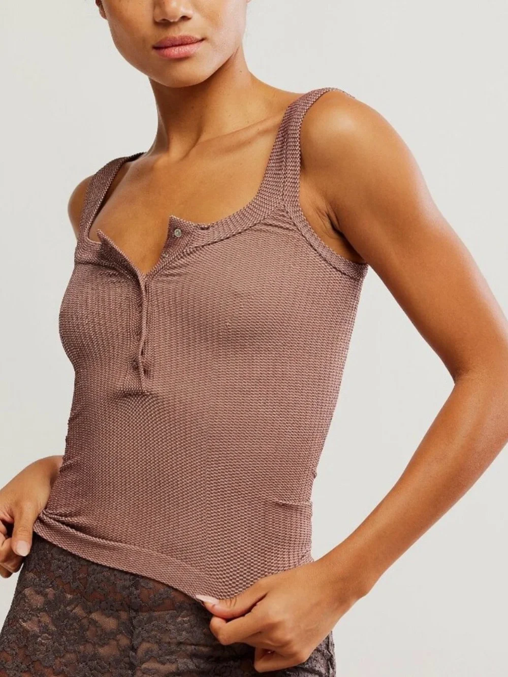 FREE PEOPLE Clean Slate Henley Tank in Mink Size XS/S